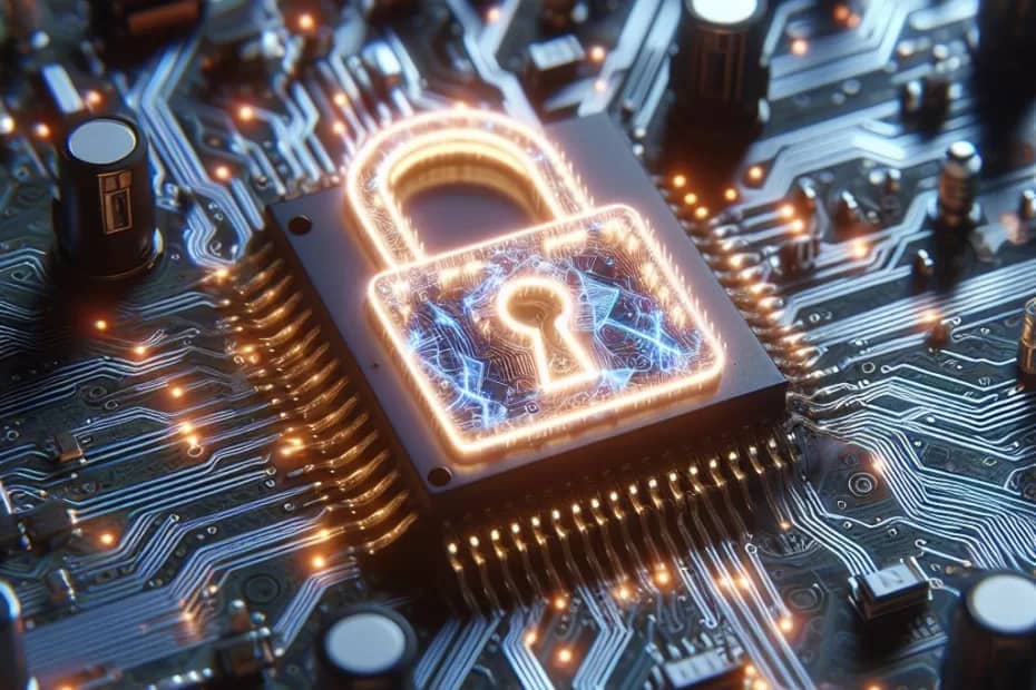 A detailed view of an electronic circuit board with an illuminated padlock symbol in the center